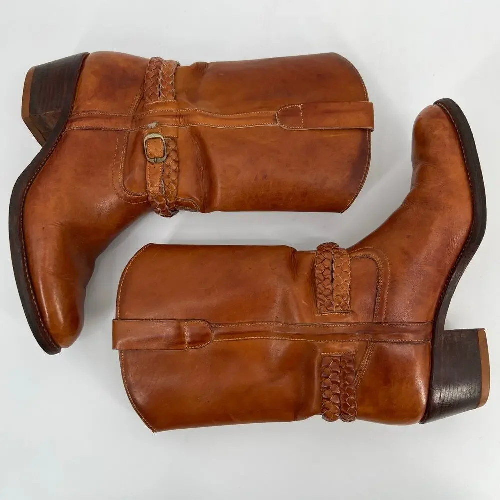 Vintage Father and Son Western Boots Mens 8.5 D Cognac Brown Leather Belted READ